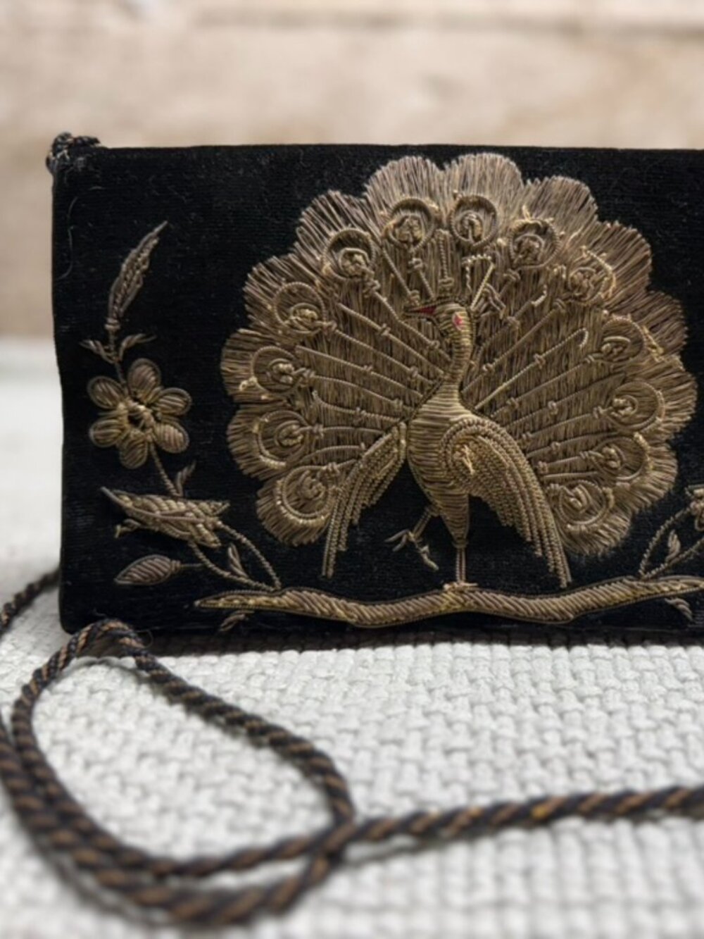Black Velvet Zardozi Peacock Evening Bag Gold Bullion Embroidery Cord Strap